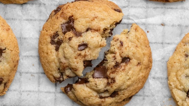 Close-up of chocolate chip cookie split in half