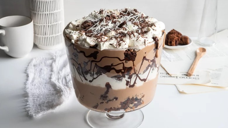 Chocolate trifle in large glass dish
