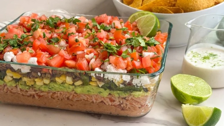 7-layer dip in rectangular glass dish