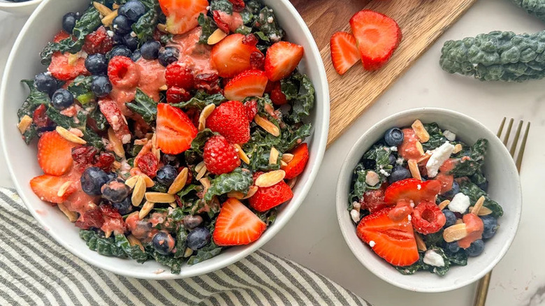 Kale and Balsamic Berry Salad in two white bowls