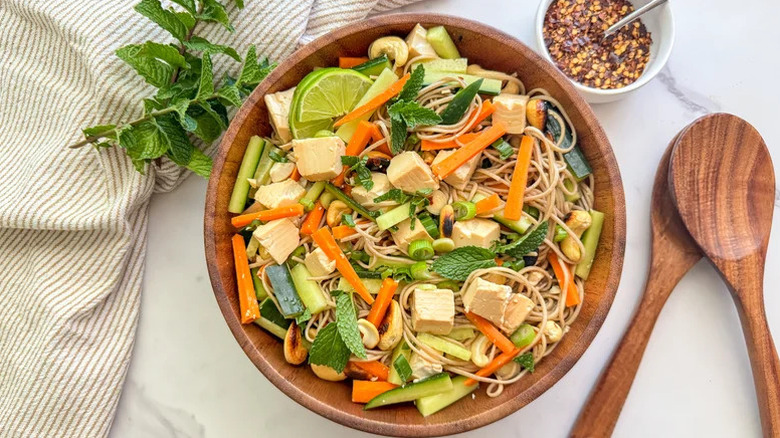 Silken Tofu and Soba Noodle Salad in large wooden bowl