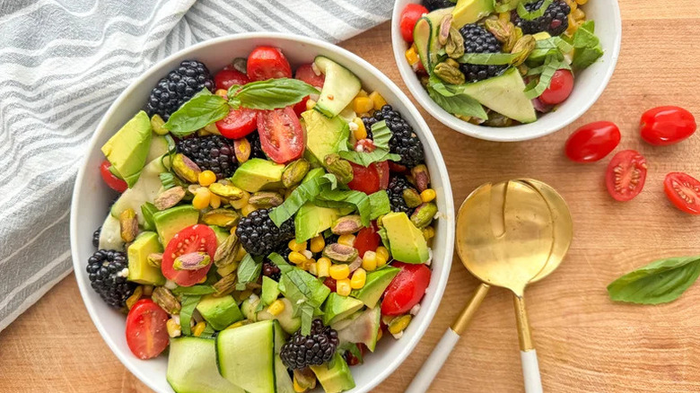 Summer Tomato and Blackberry Salad in two white bowls