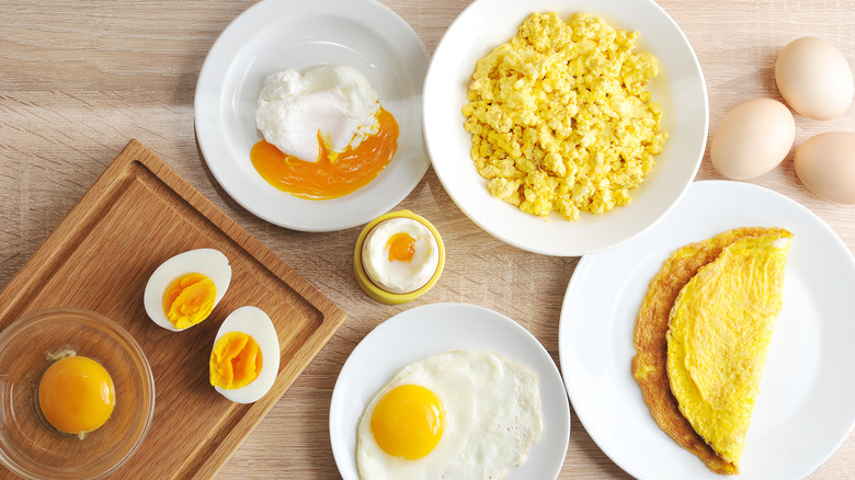 Eggs cooked in various styles