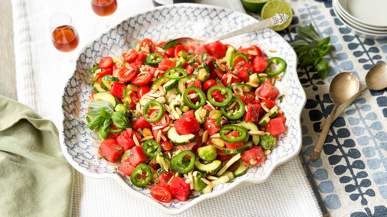 Watermelon, cucumber, and jalapeño salad in serving bowl