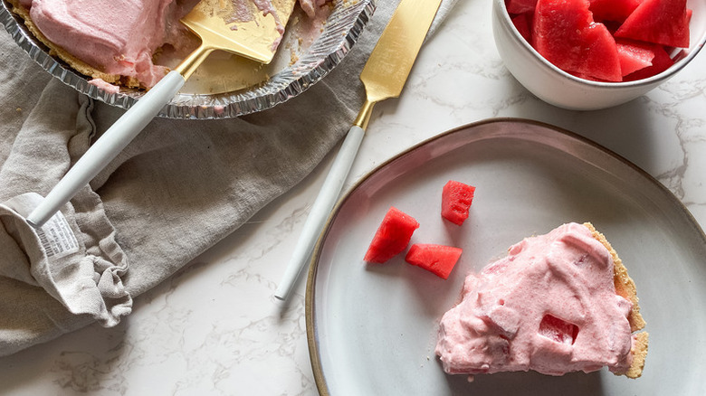 Watermelon pie served from foil baking pan onto plate