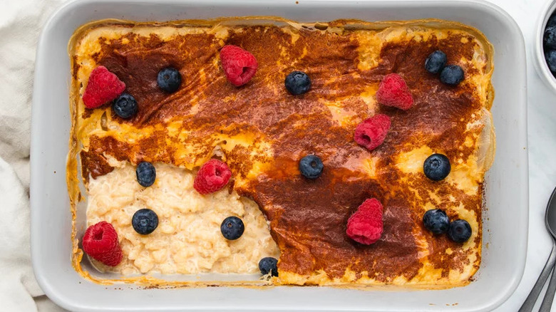 Baked Rice Pudding in white baking dish