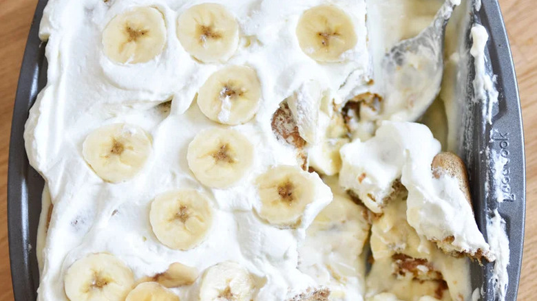 Banana Pudding Tiramisu in metal baking tray