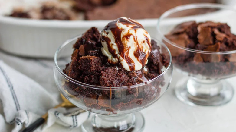 Brownie Pudding in glass coupe glasses