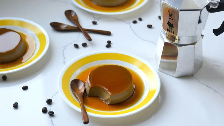 Coffee Purin (Egg Custard Pudding) on white and gold plates