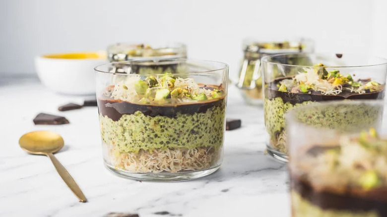 Dubai Chocolate-Style Pistachio Chia Pudding in small glass cups