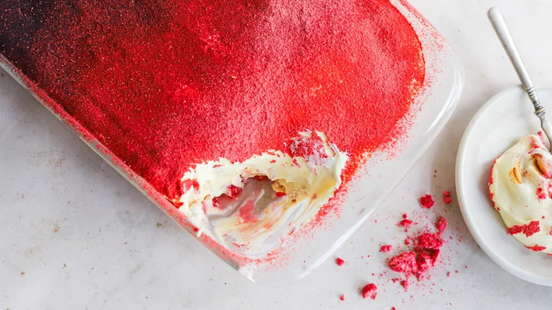 No-Bake Berry Berry Tasty Pudding in clear baking dish