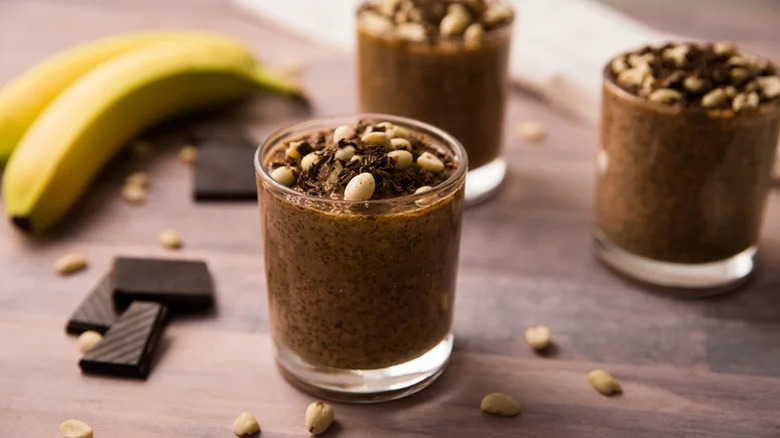 Rich Chocolate Peanut Butter Chia Seed Pudding in small glasses