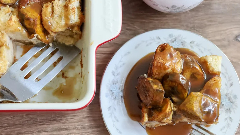 Sweet Plantain Bread Pudding on decorative white plate