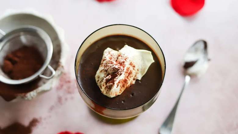 Valentine's Day Tiramisu Pudding in small green glass dish