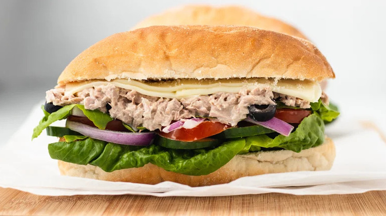 Copycat Subway Tuna Sandwich on wooden board
