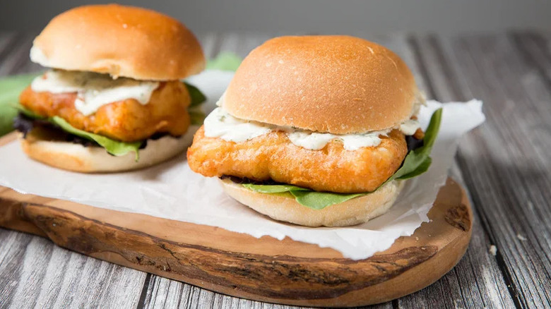 Pub-Inspired Beer-Battered Fish Sandwiches on wooden board