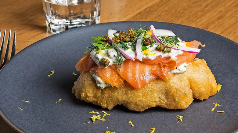 Smoked Salmon Fry Bread with Kefir Ranch on grey plate