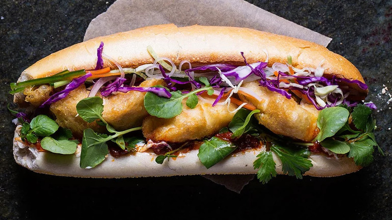 Tempura Red Snapper Banh Mi on white parchment paper