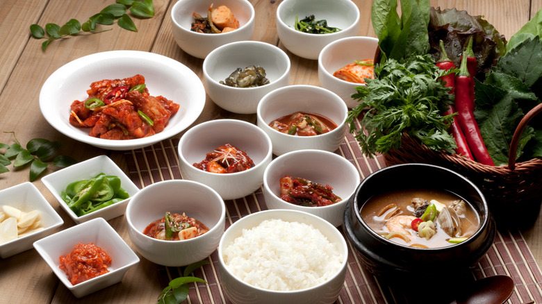 Several Korean dishes on table 