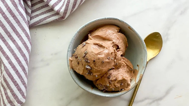 Chocolate-Banana (Vegan) Ice Cream in grey bowl with gold spoon