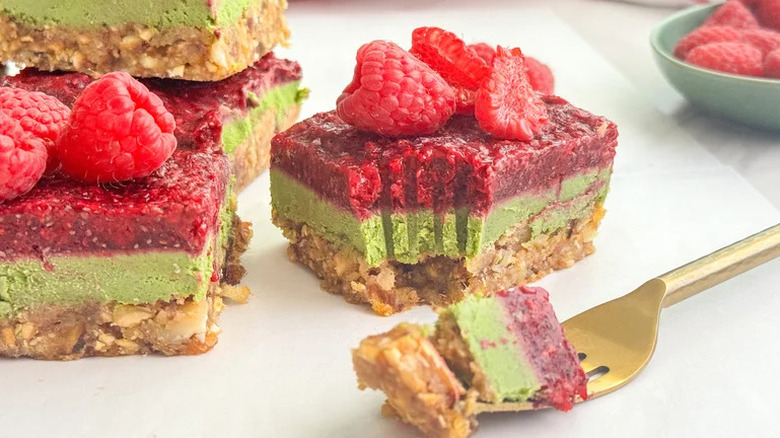 Fork with a piece of No-Bake Vegan Raspberry Matcha Bar