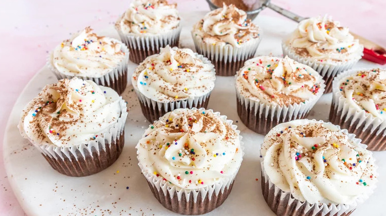 Vegan Chocolate Cupcakes with vanilla frosting and sprinkles