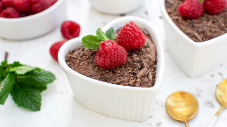 Vegan Chocolate Mousse for Valentine's Day in heart-shaped dish