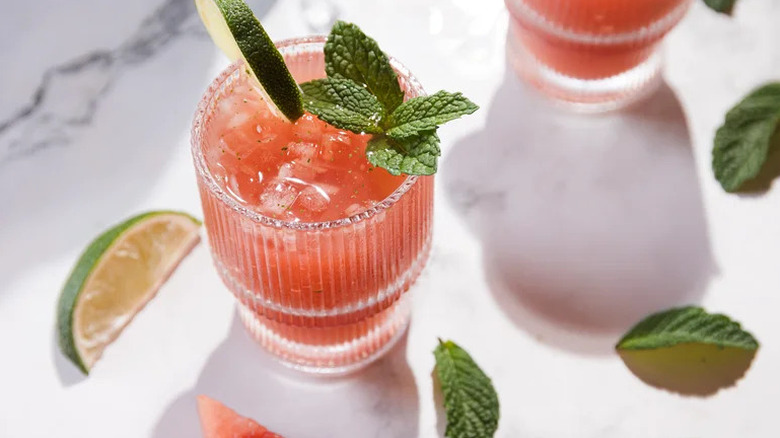 Watermelon Mint Margarita Mocktail in glass with lime and mint garnishes