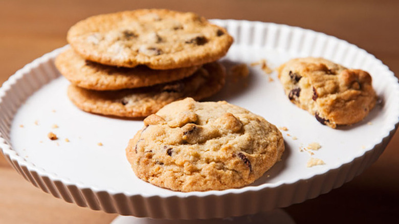 Chocolate chip cookies on white serving platter