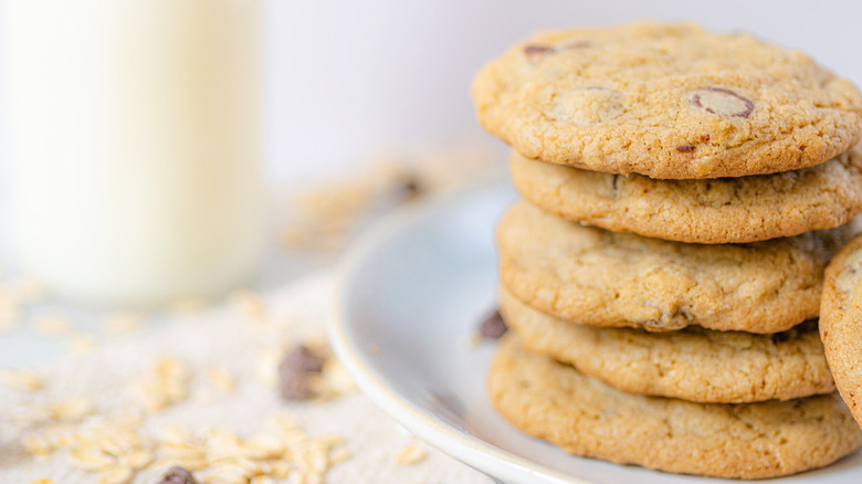 Stack of oatmeal chocolate chip cookies on plate