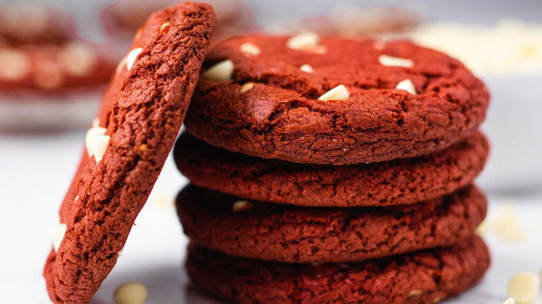 Stack of red velvet white chocolate chip cookies