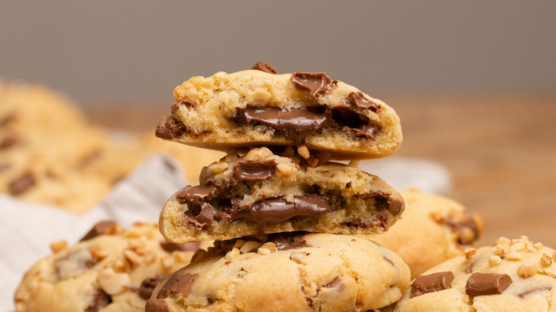 Stack of Nutella-stuffed chocolate chip cookies