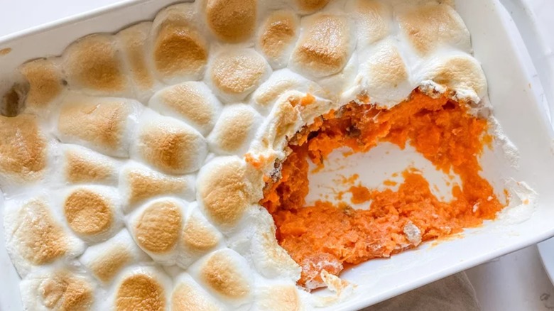 Close-up of marshmallow and yam casserole