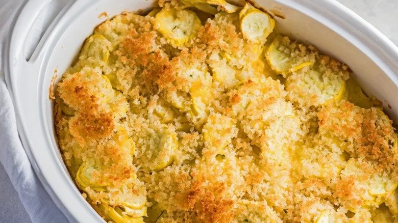 Close-up of yellow squash casserole