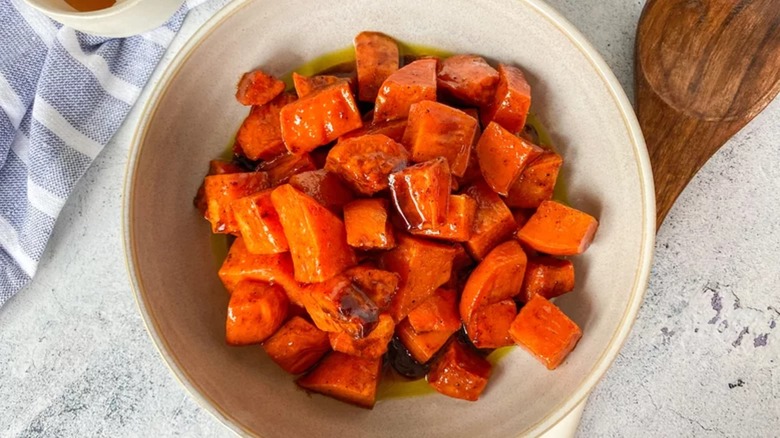 Bowl of honey roasted sweet potatoes
