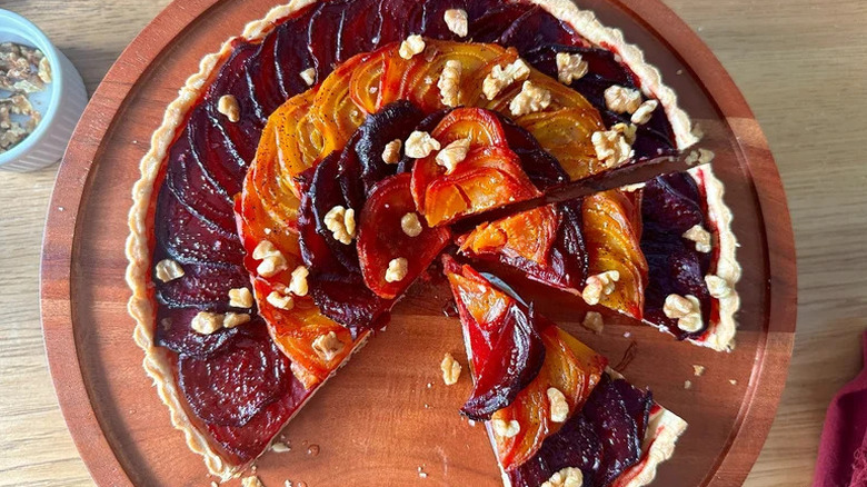 Beetroot and Goat Cheese Tart on wooden board