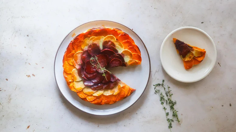 Butternut Squash and Sweet Potato Tart Tatin on two white plates