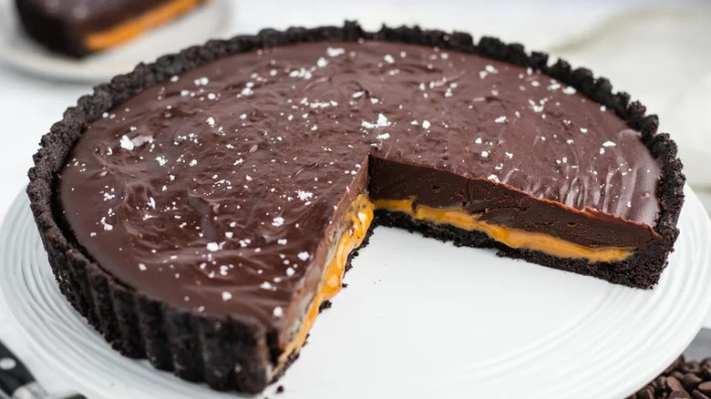 Chocolate Caramel Tart on white plate