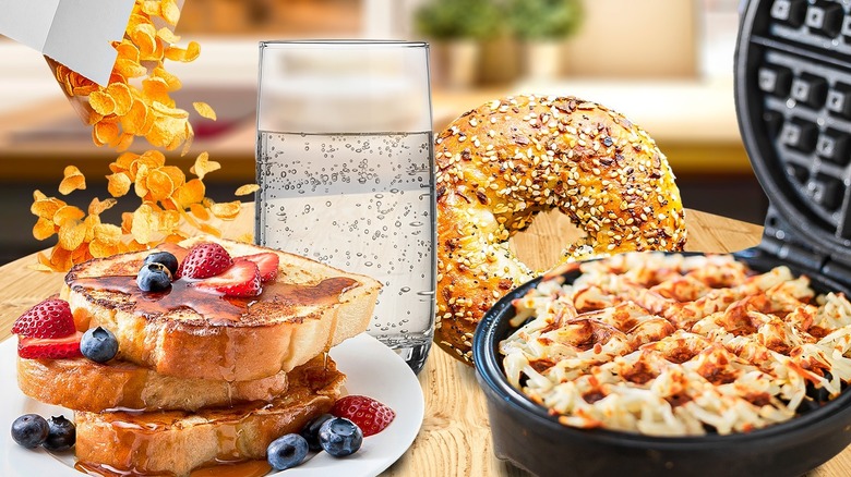 Breakfast foods on counter background