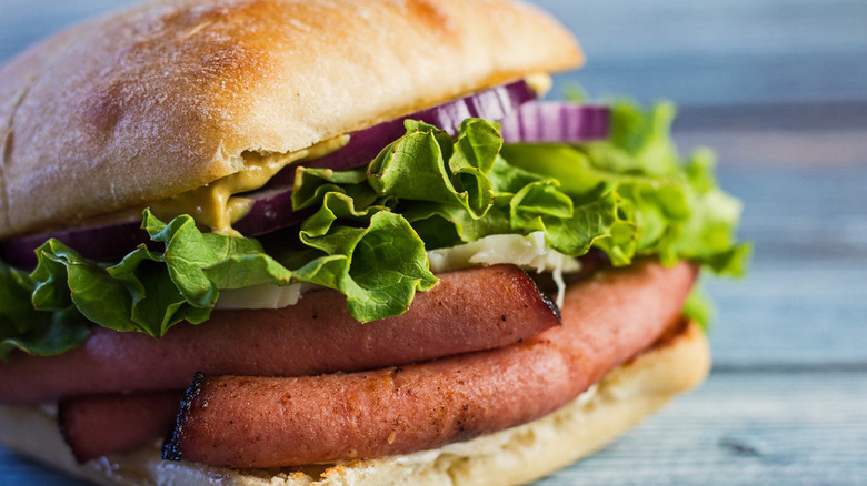 Fried bologna sandwich with lettuce