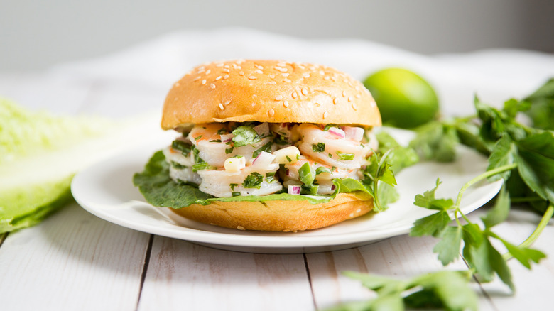 Shrimp salad sandwich on plate