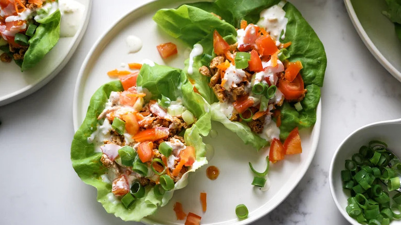 Buffalo Turkey Lettuce Wraps on white plate