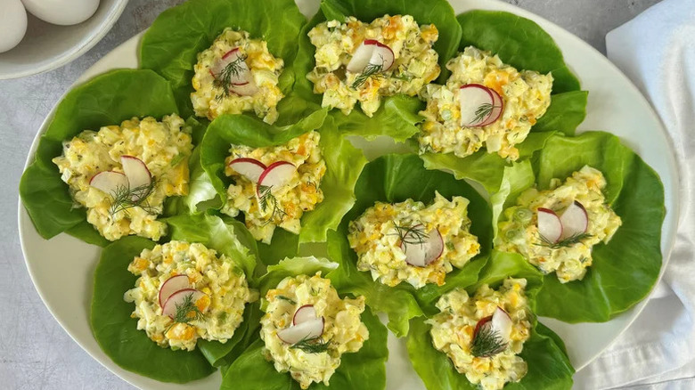 Easy (No Peel!) Egg Salad Lettuce Wraps on oblong white plate