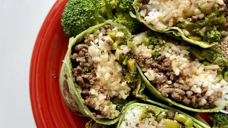 Sesame Beef and Broccoli Wraps on red plate