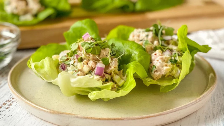 Tuna Lettuce Wraps on beige plate