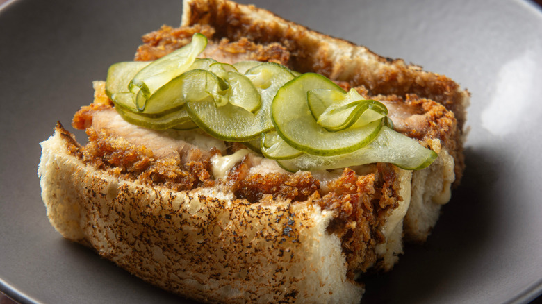 Katsu sando with toasted bread and pickles