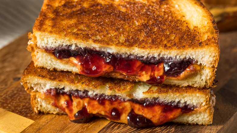 Toasted peanut butter and kelly sandwich halves stacked