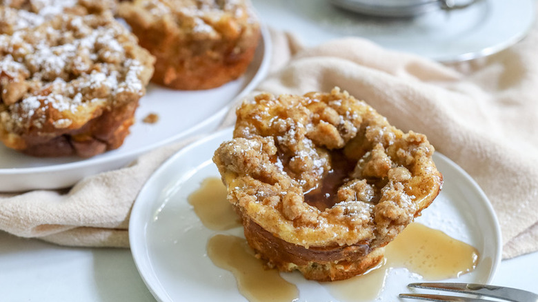 Cinnamon French toast muffin on plate with syrup