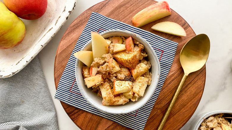 Cinnamon and apple baked oatmeal in bowl