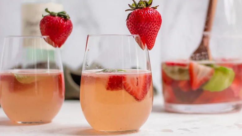 Summer Strawberry Sangria in two stemless wine glasses